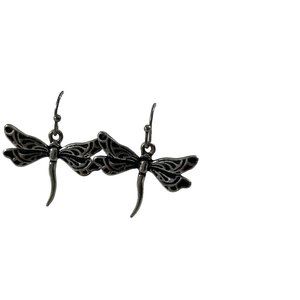 Silver Tone Dragon Fly Dangle Earrings Textured Nature Hooks 1"